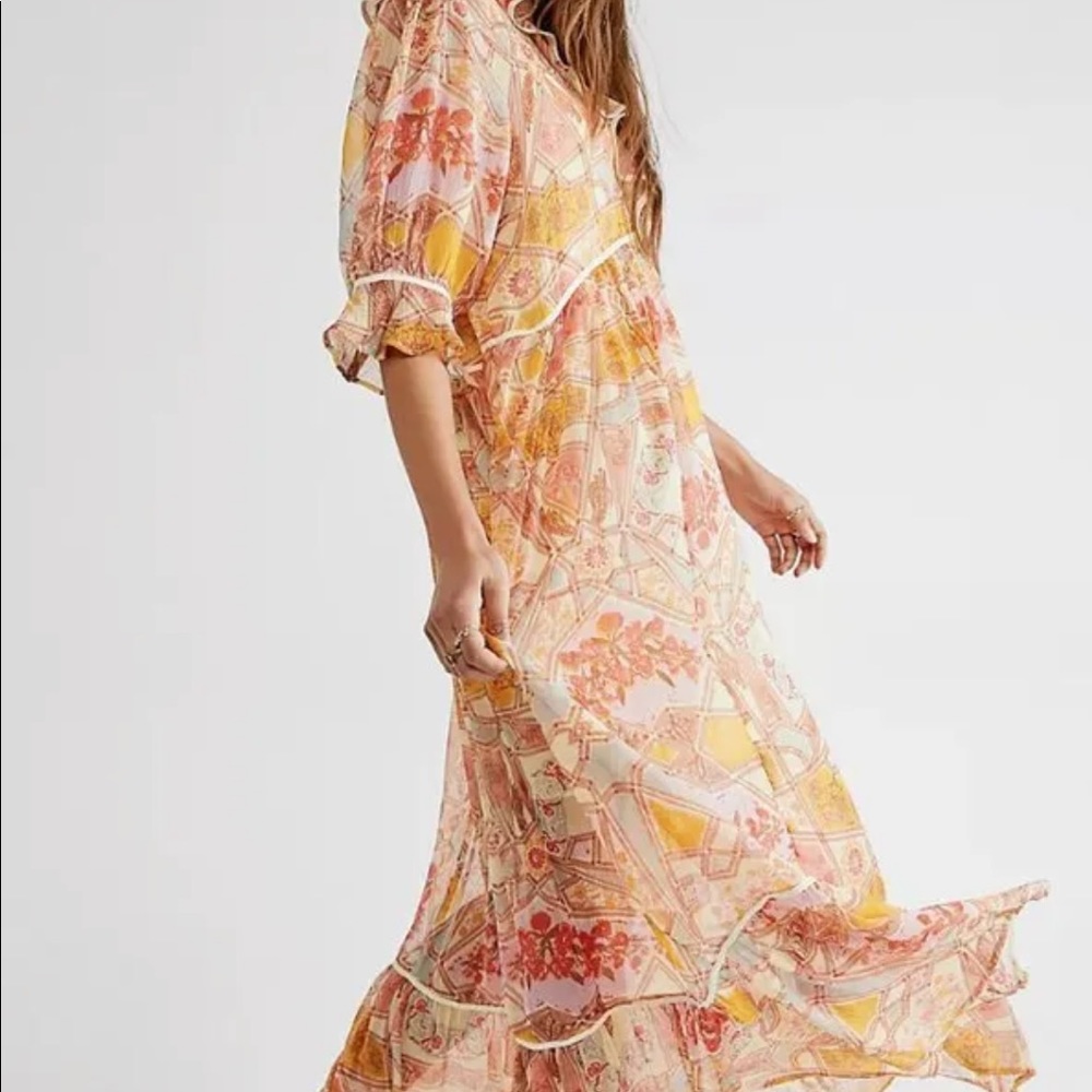 Free People Carmella Printed Geometric Maxi Dress Size Small Ruffle